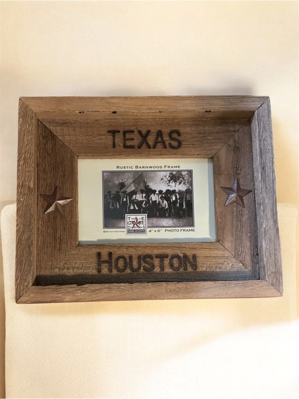 Houston Texas photo frame 4”x 6” home rustic wood stars stamped embossed writing